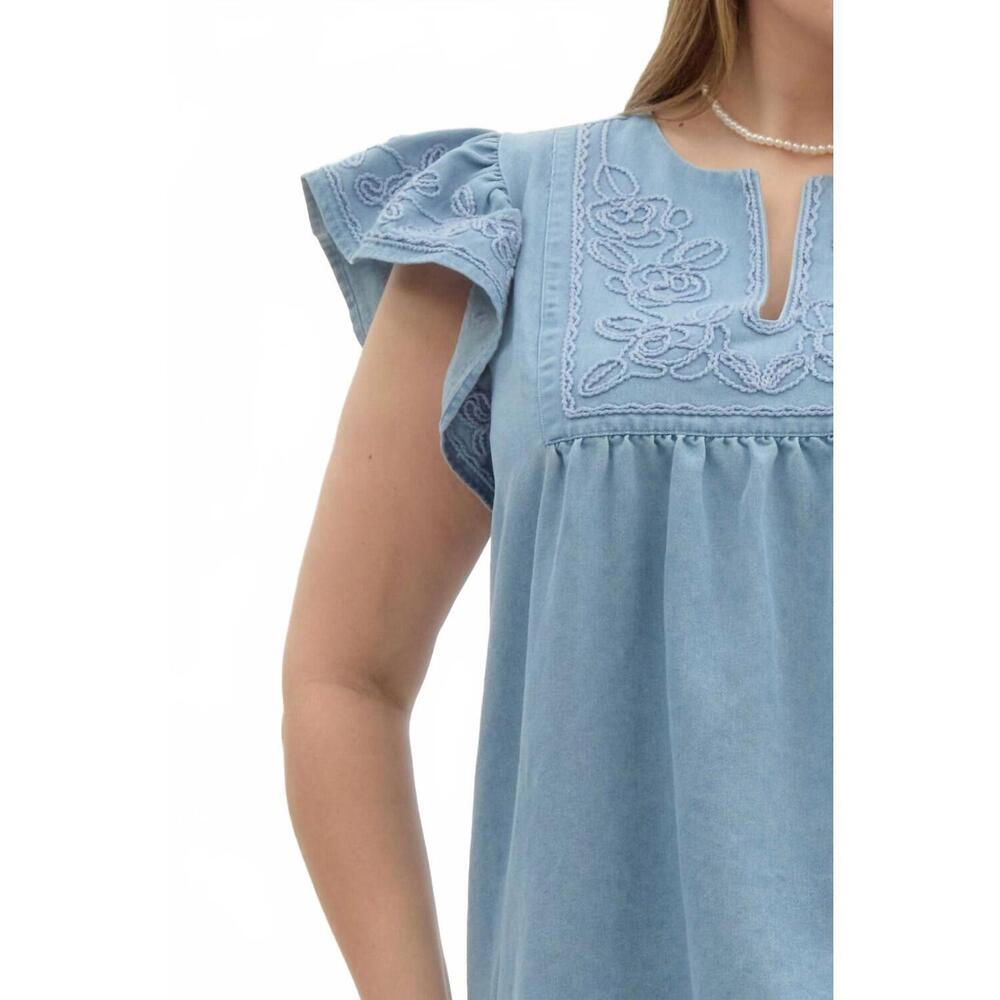 NEW ENTRO solid split neck flutter sleeve top - p… - image 5